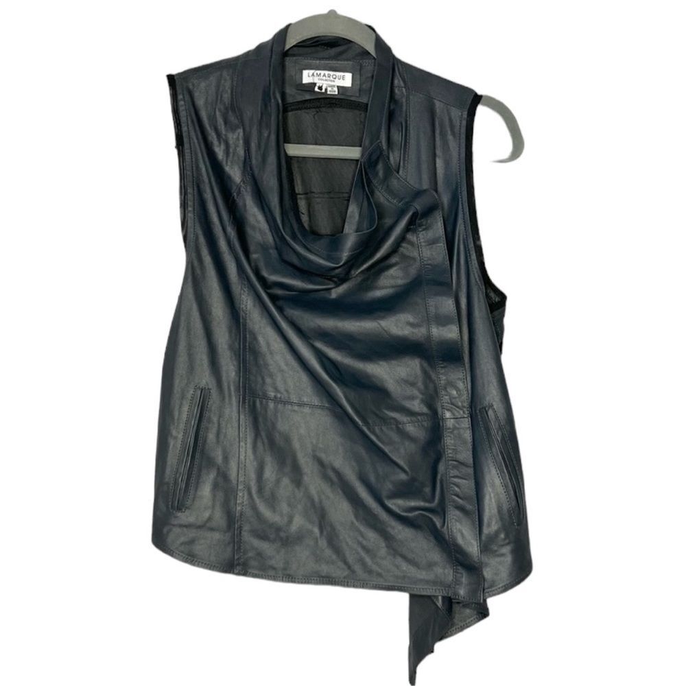 Lamarque Navy Leather Draped Asymmetric Mesh Panel Vest Top Size Medium Edgy